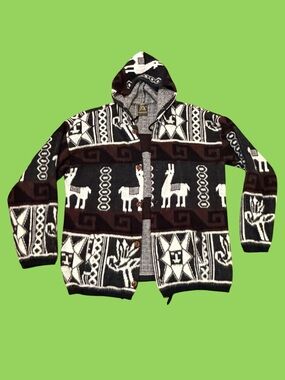 Vintage Tejidos Ruminahui Wool Alpaca Button Hooded Sweater One Size